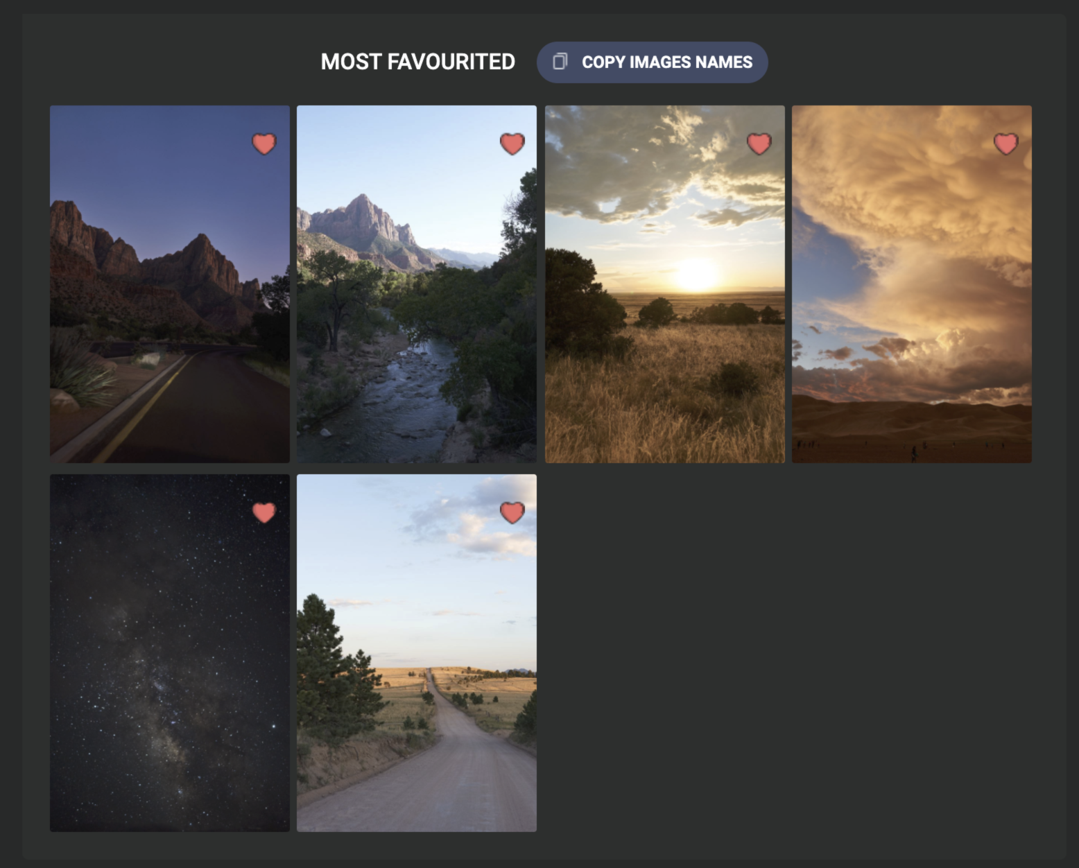 AirSelects results view showing most-favorited photographs and a copy image names control